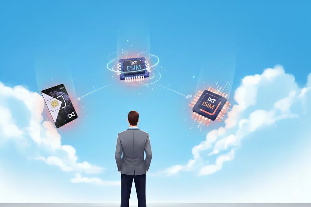 Bright blue sky and a business man choosing between SIM, eSIM and iSIM.