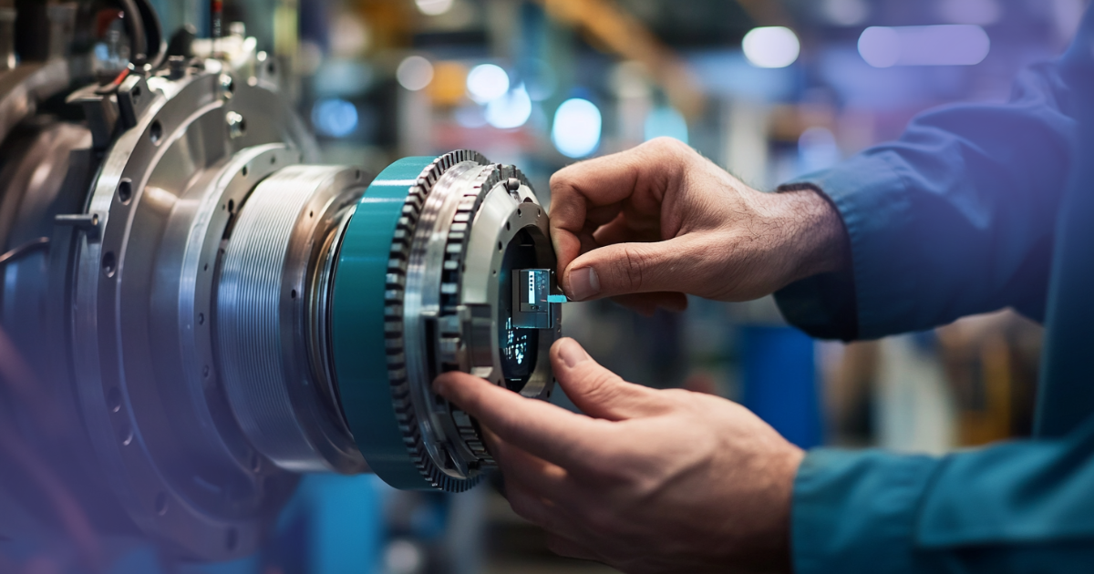 Close-up of technician hands installing small IoT sensor on industrial motor