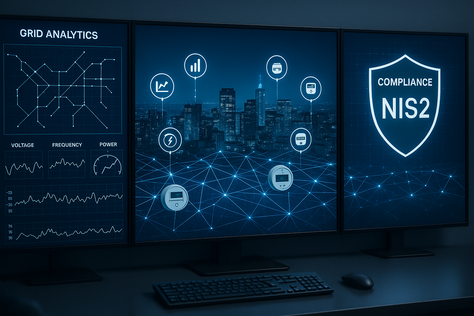 Utility control center with screens showing grid analytics cityscape with smart utility devices meterssensors digital network lines and a compliance regulator shield or GDPRNIS2 badge hightech professional style